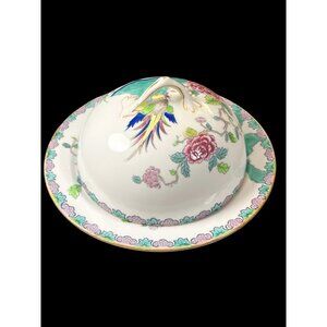 Vintage Ceramic Butter Dome Dish With Lid Hand-Painted Floral & Bird Design
